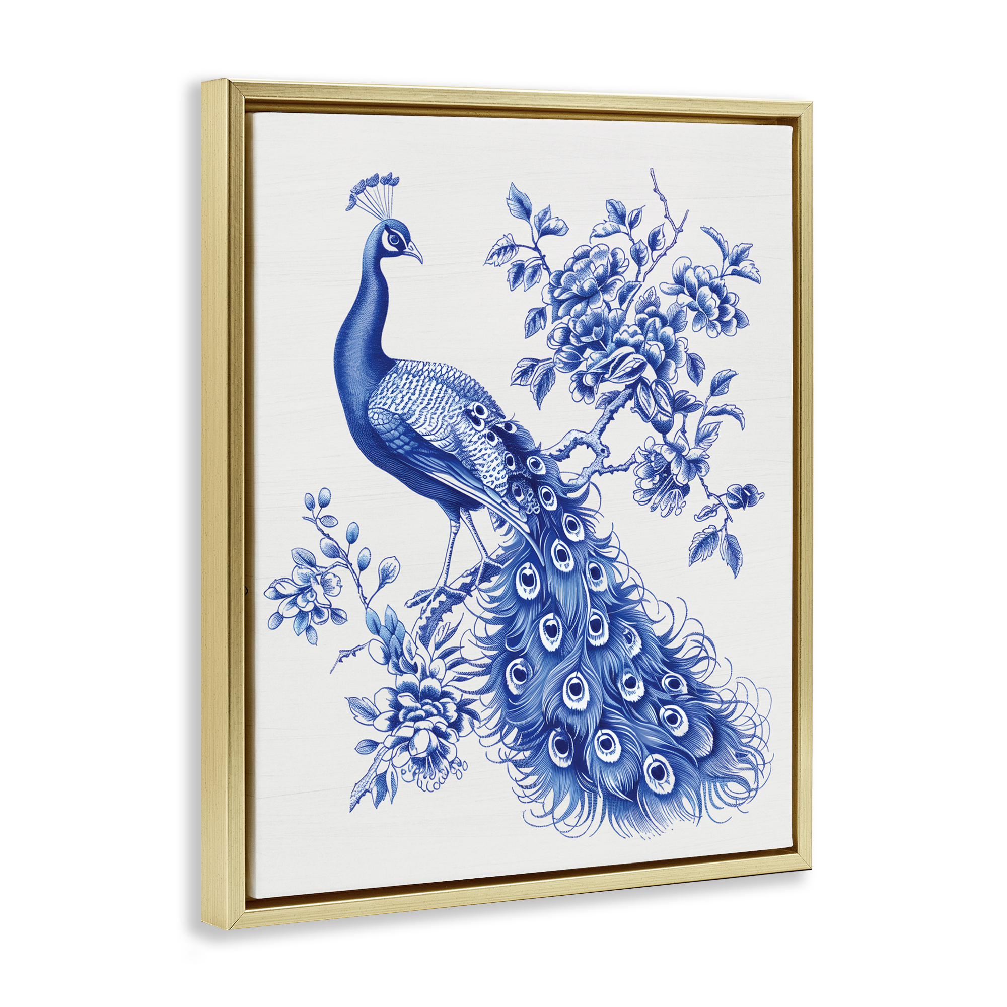 Vintage Peacock in Toile Style Gold Framed Floater Canvas Wall Art, design by Lettered and Lined