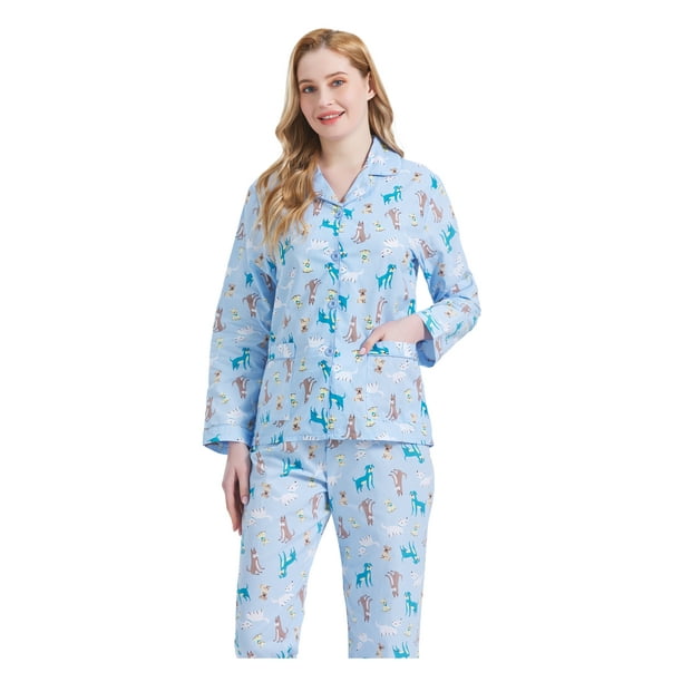 GLOBAL Womens 100% Cotton Notch Collar Pajama Set Homewear with Pockets ...