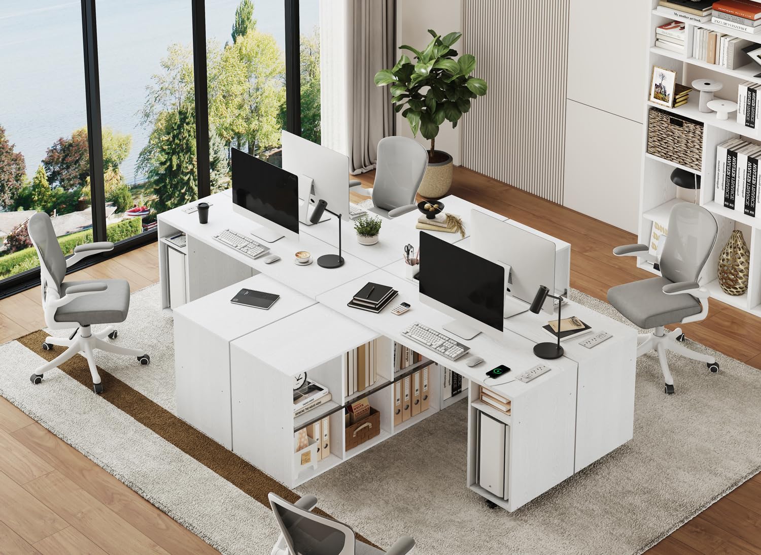 BOSHIRO L-Shaped Rotating Desk with Power Outlets & 6 Shelves – 360° Swivel Computer Table for Home Office (White)
