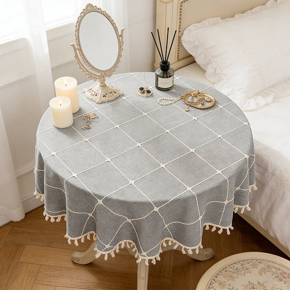Byujiro 35"x35" Waterproof Tablecloth Grid Pattern Tassel Table Cover, Water & Stain Resistant, for Round & Square Tables, Indoor & Outdoor Use