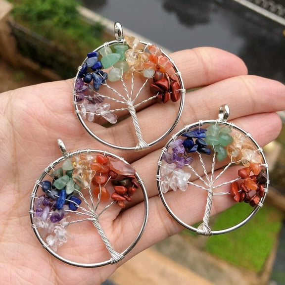 QQTDFG 3pcs Yoga 7 Charka Gems Stone Tree Of Life Pendants Reiki Healing Amulet-default