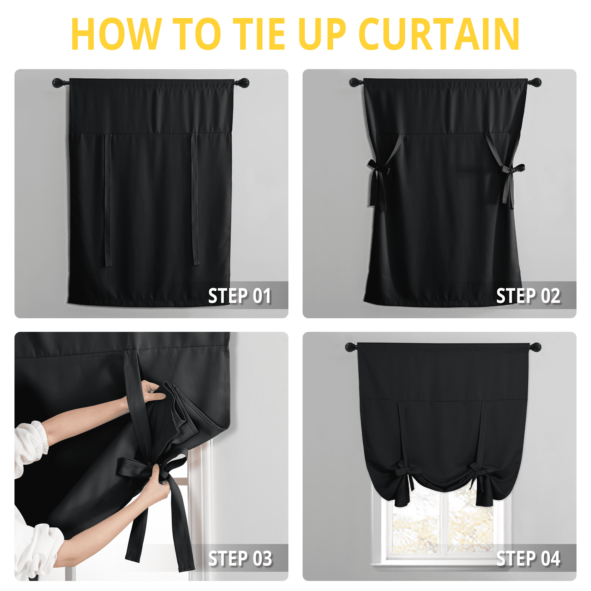 NICETOWN Blackout Short Curtain for Windows, Tie Up Adjustable Balloon Valance Blind Thermal Insulated Room Darkening Rod Pocket Curtain for Kitchen Living Room, Black, 46"x63", 1 Piece