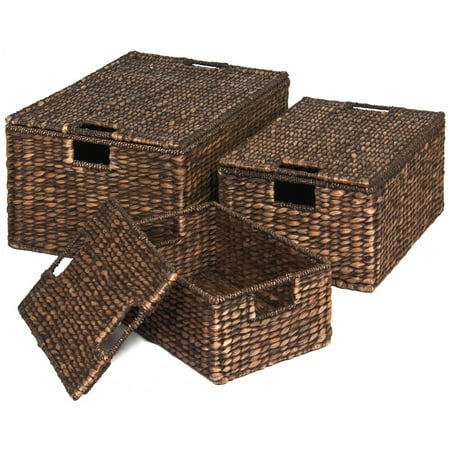 Best Choice Products Set of 3 Water Hyacinth Woven Storage Basket Chests w/ Attached Lid, Handle Hole - Brown