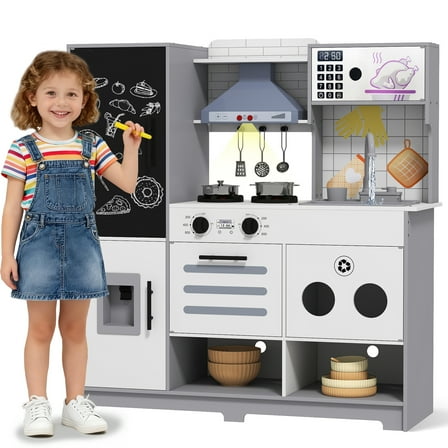 Kids Pretend Play Kitchen Set Wooden Cooking Toys Toddlers Gift,Sink with Running Water,with Sounds,Lights,Blackboard