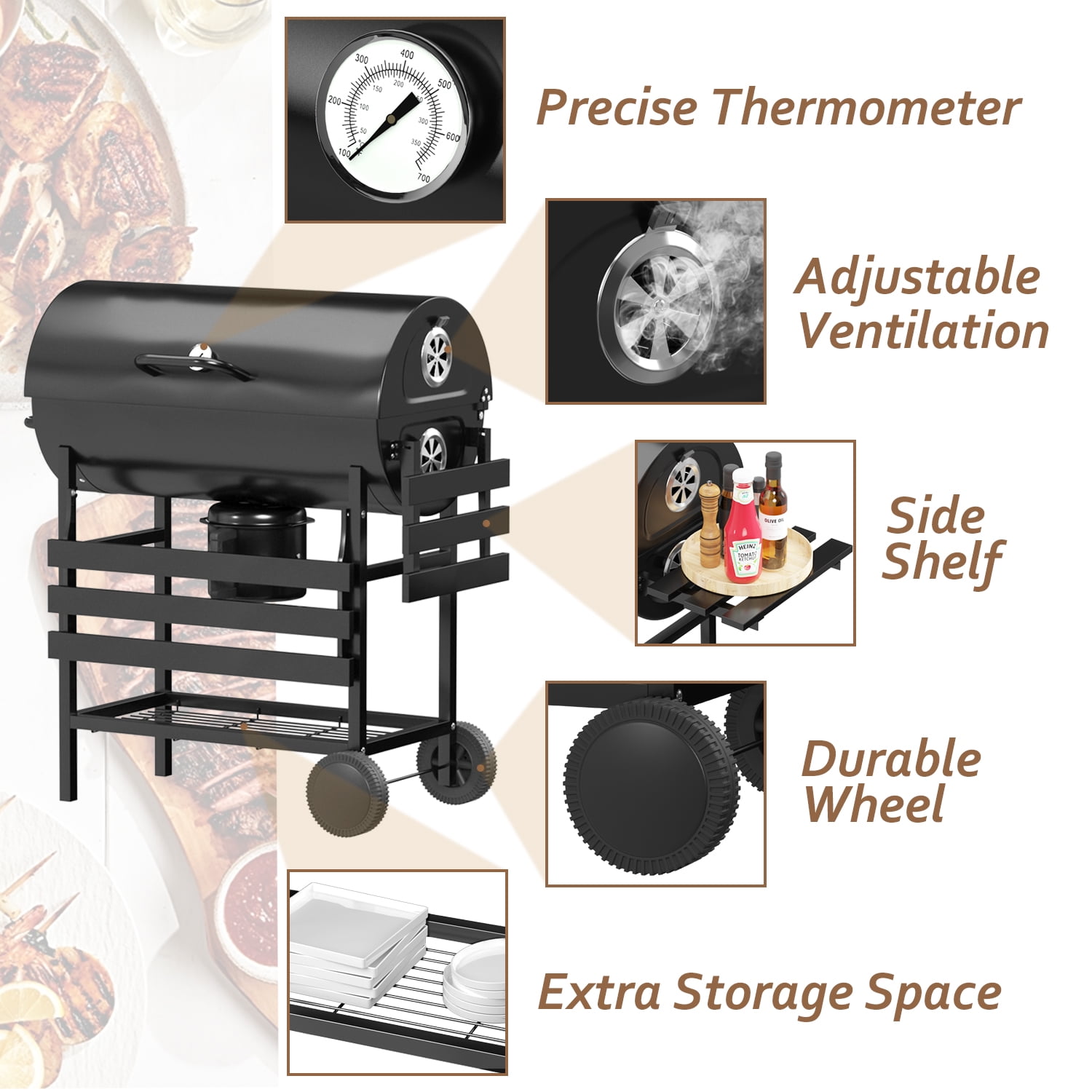 Devoko 29” Barrel Outdoor Charcoal Grill with Side Shelf and Wheels, Black