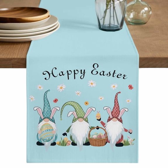 Happy Easter Table Runner 70 Inches, Cute Gnomes Eggs Spring Daisy Flowers Blue Bed Runner Dresser Scarves Tabletop for Indoor Outdoor Parties/Ceremony/Banquet, 13" x 70"