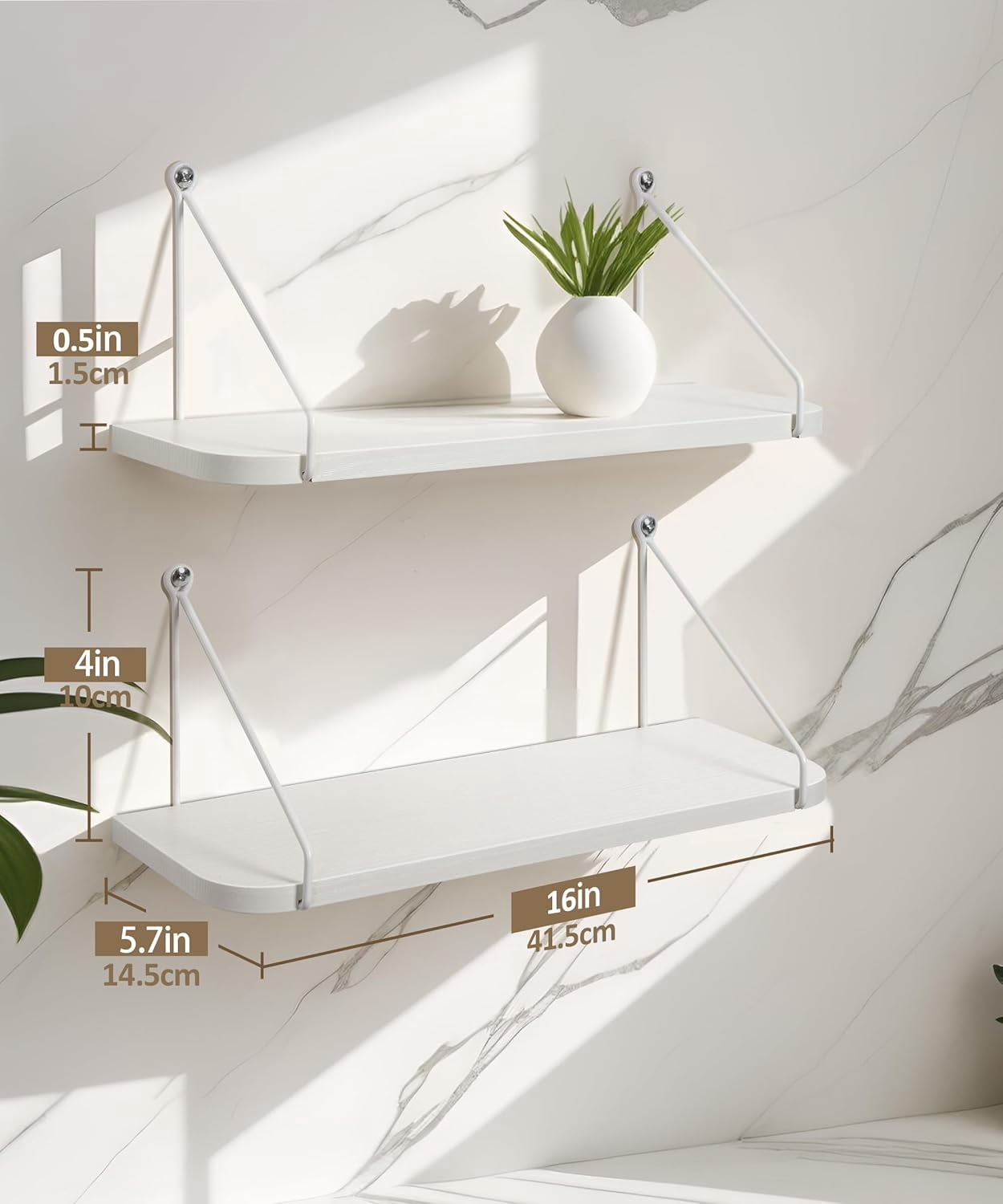 Sumgar Floating Shelves Bathroom 16in White Hanging Shelf Set of 2 for Room Wall or Over Toilet, Modern Storage Shelving Display Organizer for Bedroom