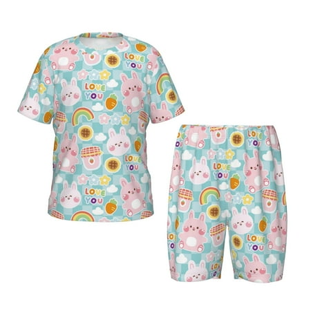 Luyuia Love You Rabbit Print Girls  2-Piece Tie-Dye Pajama Set  Cute Summer Loungewear with Shirt and Tank Shorts Nightwear-Medium