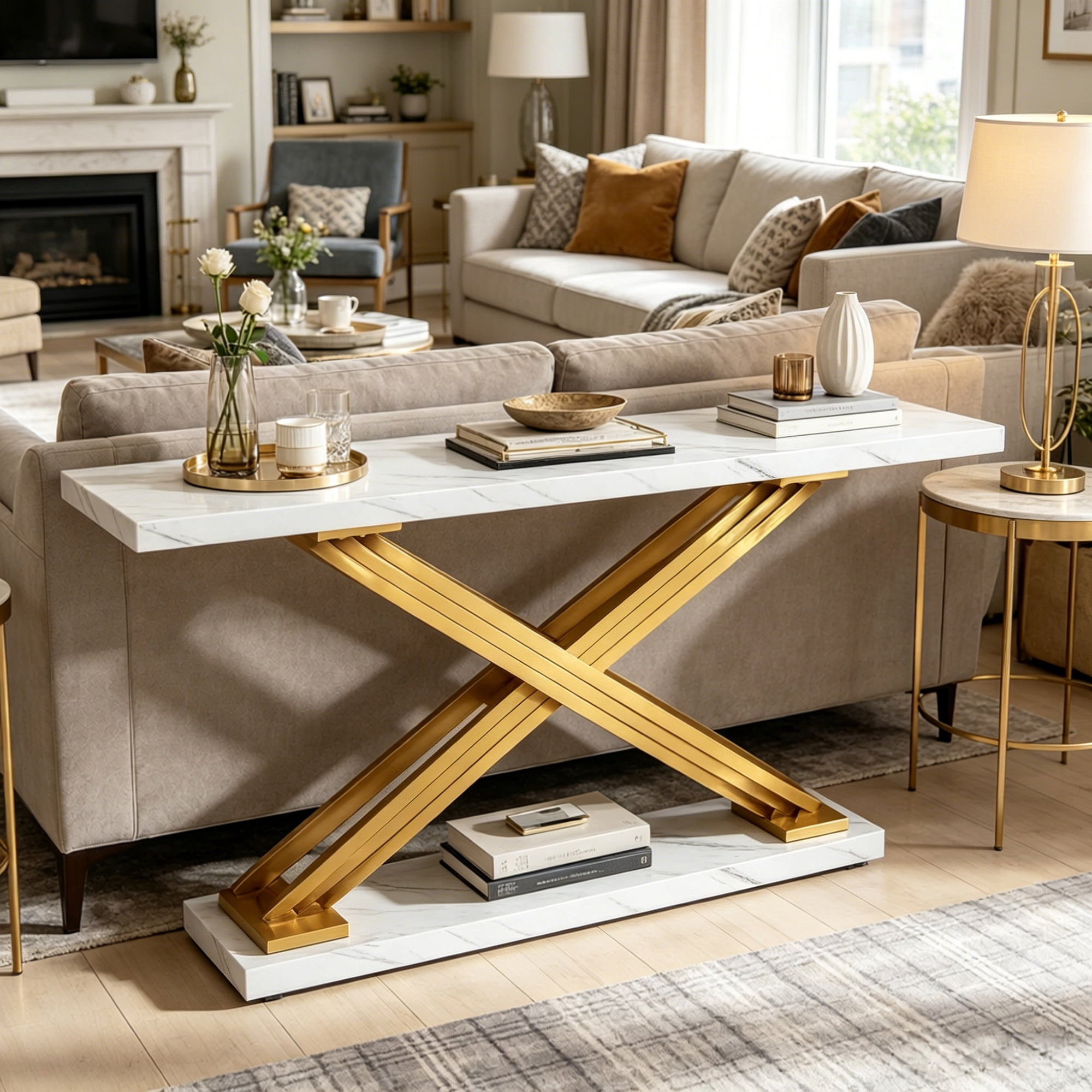 Long Console Table, White Faux Marble Top with Golden Metal X-Frame, 59.06 in