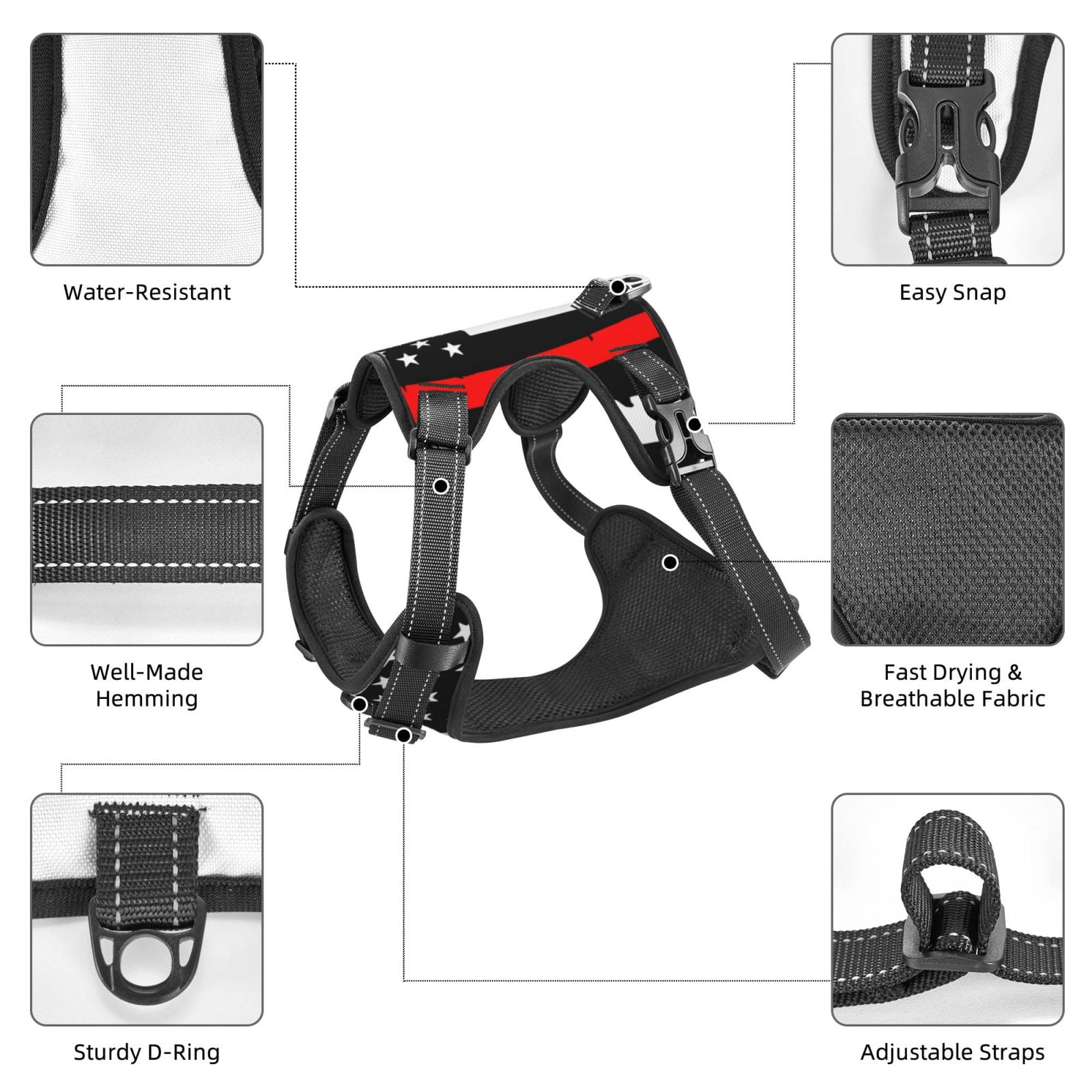 Vsdgher Firefighters USA Flag Pattern Dog Harness,No Pull Pet Harness with Soft Padded Handle,Adjustable Reflective Vest with 2 Buckles,4 Slide Buckles,S-XL