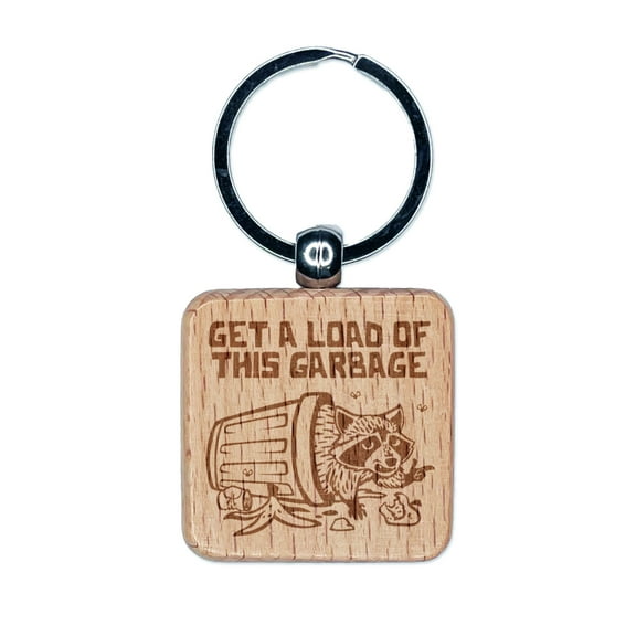 Insulting Garbage Raccoon Trash Can Panda Square Keychain Charm Tag - Engraved Wood