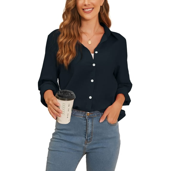Avamo Women Baggy Cotton Linen Button Down T-Shirt Tops Ladies Long Sleeve Linen V-Neck OL Work Tunic Tops Basic Tee