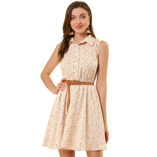 Día de San Patricio vestido sin Mangas Allegra K Cinturón estampado por Encima de la Rodilla Floral beige Rojo M