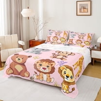 Manfei Cartoon Animals Bed Sheets 4pcs for Boys Girls, Lion Tiger Giraffe King Sheets, Elephant Monkey Bear Sheet Set, Pink Microfiber Bedroom Decor