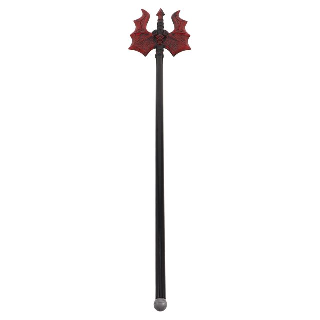 accesorio de tridente de diablo para halloween, tenedor de demonio, tridente de simulación de halloween para festival de fantasmas, ideal para cosplay y actuaciones. Tridente de plástico rojo oscuro con mástil negro liso y remate redondeado; cabeza triple texturizada con efecto de llama simulada, medidas 55x11x1.5 cm, ligero y pensado para disfraces y presentaciones.