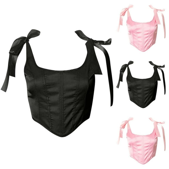 Feancey Corset Top for Women Boned Overbust Bustiers Halloween Bow Tie Strap Lingerie Solid Color Vintage Lace Up Back Corsets Elegant Crop Tops Black S
