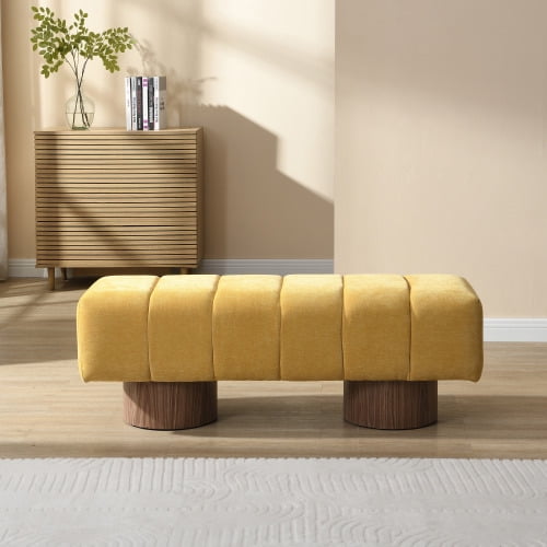 Upholstered Dining Bench For Dining Room, No-Assembly End Of Bed Entryway Bench Ottoman For Bedroom Living Room, Beige Chenille Fabric Stool Top Wood Leg 300 LBS Weight Capacity