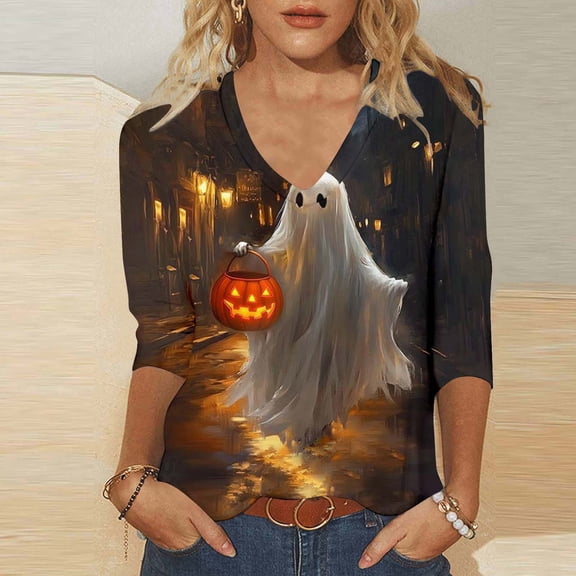 Women's Cute Ghost Print Blouses 3/4 Sleeve V Neck Halloween Tops Lantern Graphic Fall Shirts Casual Loose Fit Pullovers for ing Events