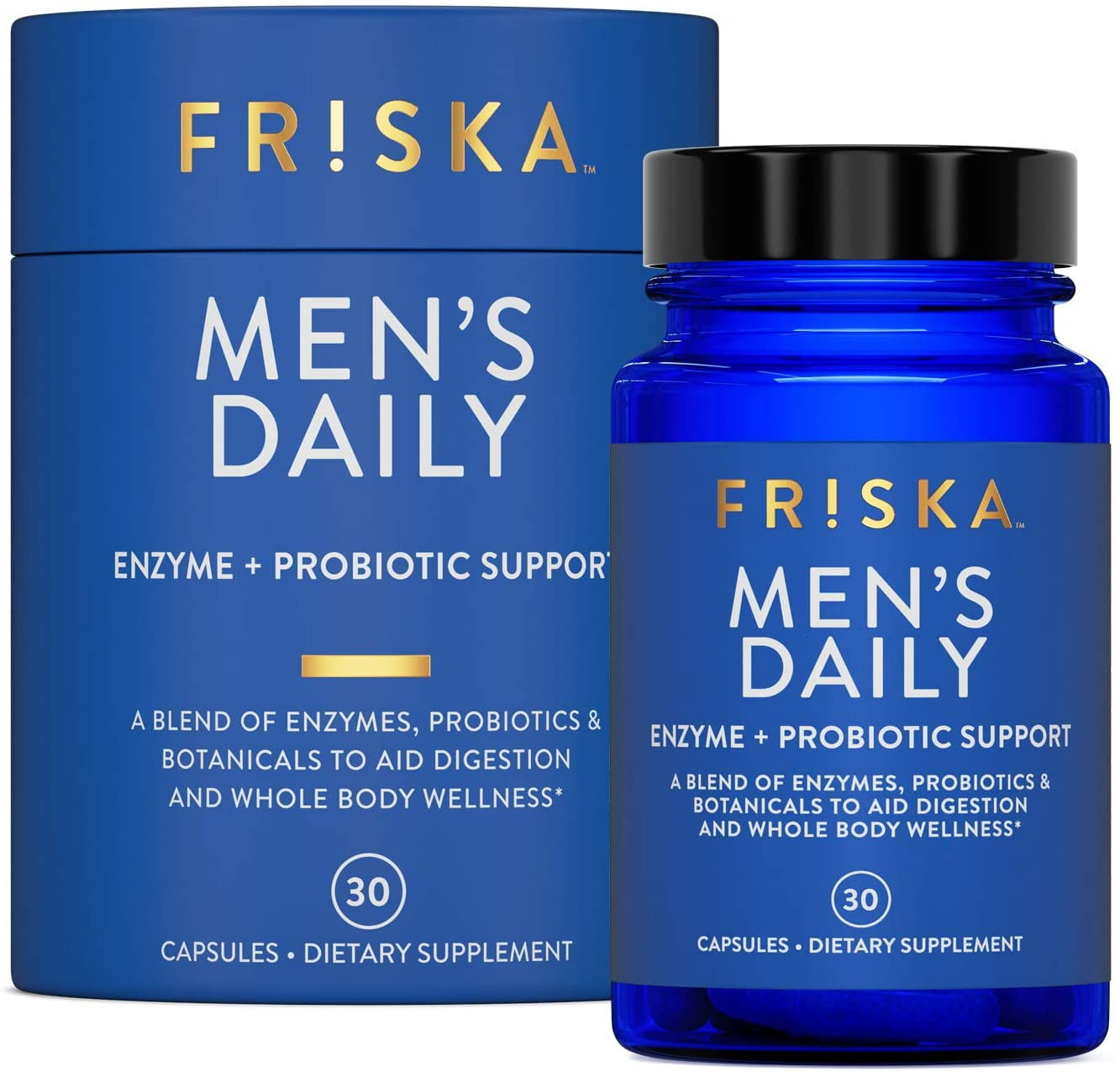 FRISKA Mens Daily | Digestive Enzyme and Probiotics Supplement | Lactase and B-Vitamins for Natural Digestion and Daily Male Health | 30 Capsules
