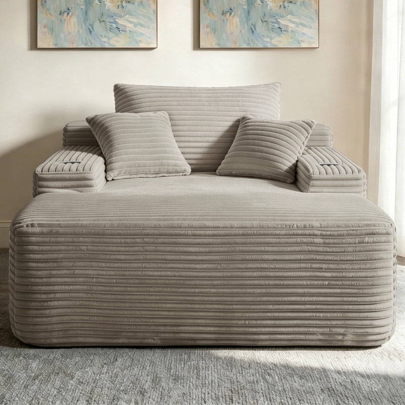 Oversized Chaise Lounge Chair with Cup Holders, Boneless Upholstere Sleeper Chair Deep Seat Sofa Bed Cloud Couch for Living Room, No Assembly Required