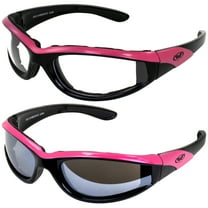 Two Pairs of Global Vision Hawkeye Padded Motorcycle Sunglasses Pink and Black Frame One Pair Clear Lenses and One Pair Flash Mirror Lenses