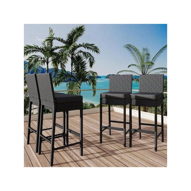 Ourlova Patio Wicker Barstools With Cushions Outdoor Wicker Bar Stools Set Of 4 Outdoor Rattan Bar Height Stool Set Armless For Backyard Poolside