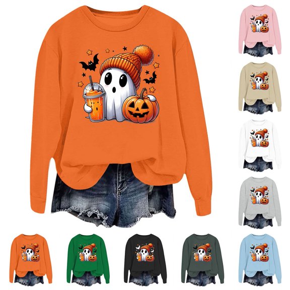 WEIWEN Women's Halloween Sweatshirt Cute Ghost Graphic Pullover Tops Funny Novelty Pumpkin Printed Long Sleeve Crewneck Fall Sweaters for Women Fashion Clothing Green, S
