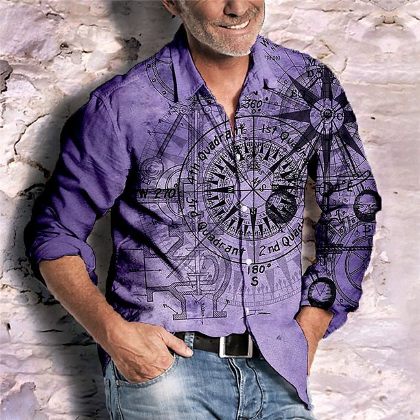 Camisa de solapa retro de moda de manga larga, informal, para exteriores, para hombre, con brújula, ruleta, patrón HD, diseño de diseñador 2024, nuevo