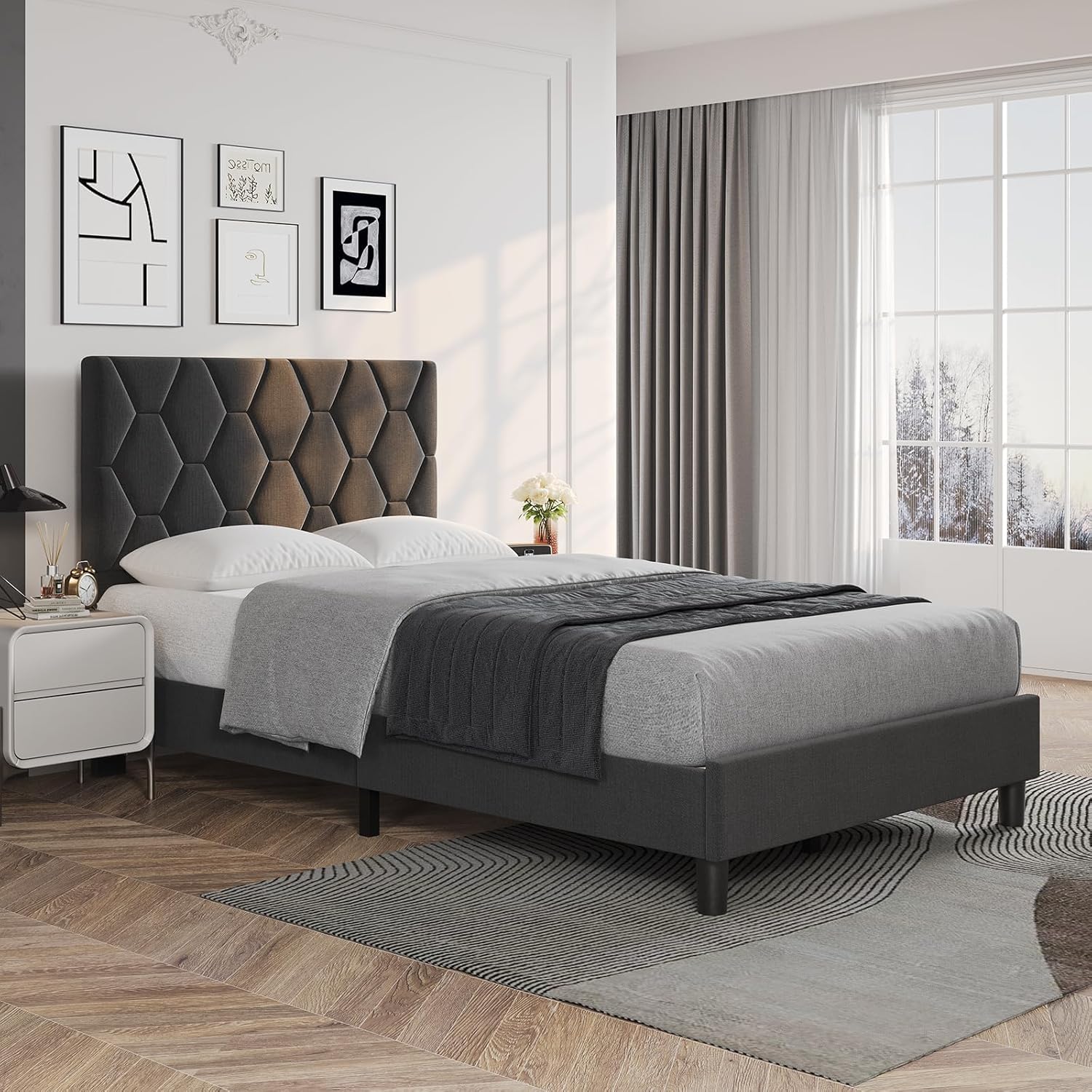 Twin Upholstered Bed Frame with Headboard, Diamond Pattern, Wood Slats, No Box Spring Needed, Easy Assembly,Gray