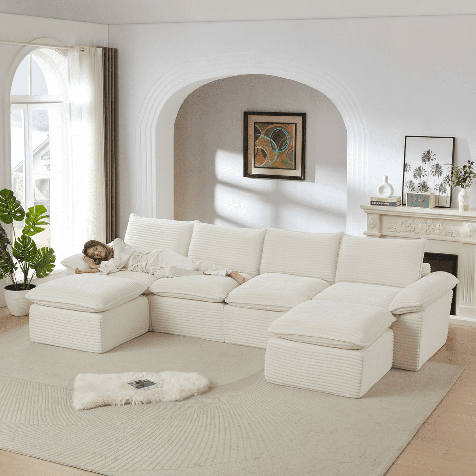 MAYEERTY Modern Modular Corduroy Sofa, White Cloud-Soft Sectional Couch for Apartment