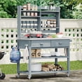 thumbnail image 2 of Noble House 64.9" Outdoor Potting Bench & Kitchen Island, Solid Wood with Upper Hutch, Stainless Top & Towel Rack,Grey Blue, 2 of 7