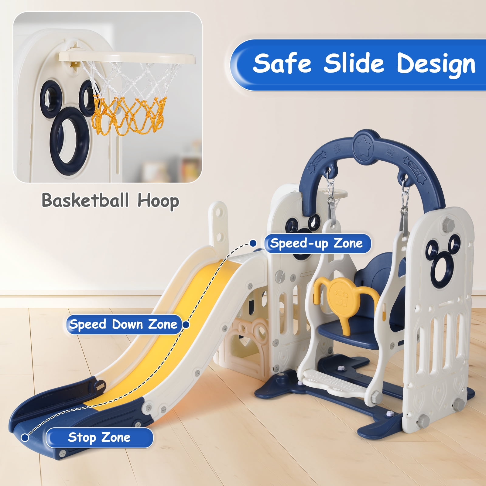 LAZY BUDDY 5-in-1 Slide and Swing Set for Toddlers, Kids Slide Climber Playset with Basketball Hoop, Indoor/Outdoor Playground