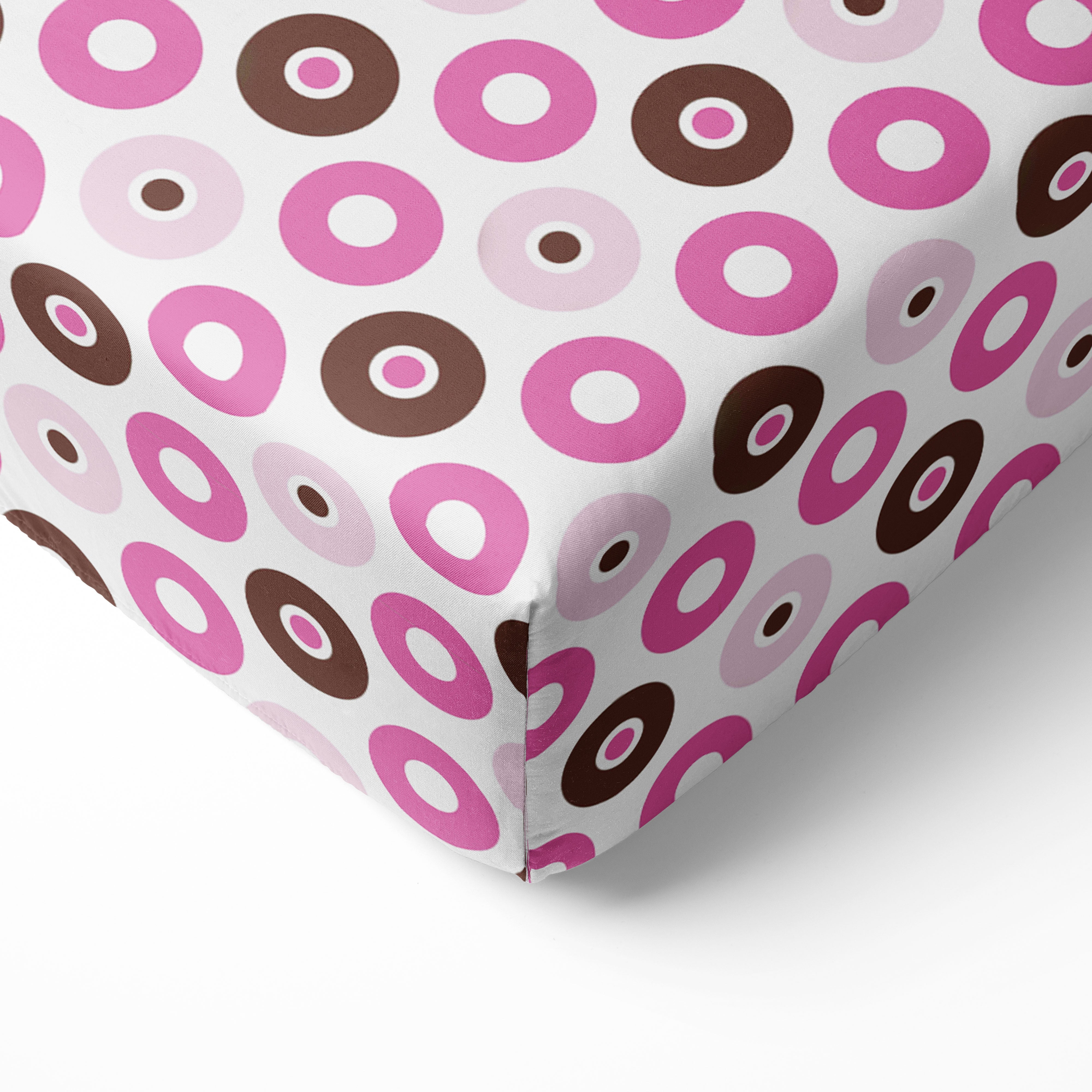 Bacati - Crib or Toddler Bed Fitted Sheet 100% Cotton Percale, Mod Dots/Stripes, Pink/Fuchsia/Beige/Brown