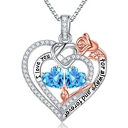 Iefil S925 Sterling Silver Double Heart March Birthstone Necklace for Women, Dainty Rose Jewelry, Birthday Anniversary Gifts for Women, 19+3In