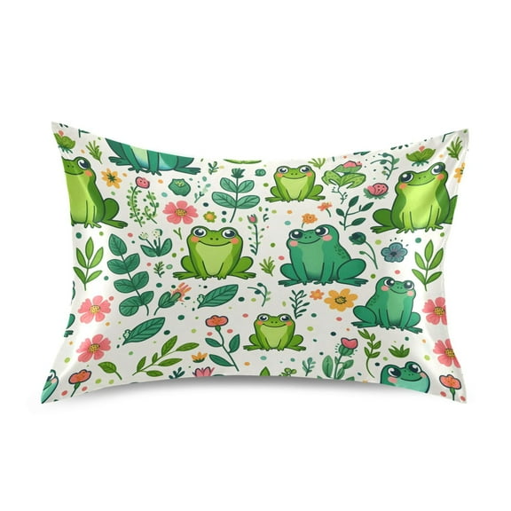 Satin Pillow Case Funny Frog and Plant Standard Silk Pillow Cover for Hair and Skin Envelope Closure 20"x26"