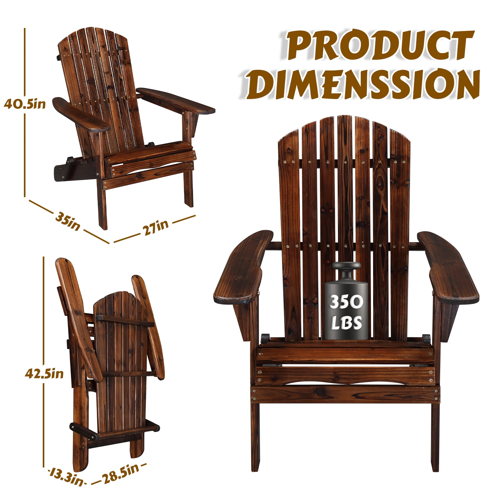 Ktaxon 1 Pack Patio Wood Adirondack Chair, Garden Chaise Chair Outdoor Folding Chair, Wooden Chair for Patio, Garden, Carbonized Color