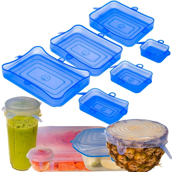 ACDANC Stretch Lids Silicone Food Storage Container Lids - Reusable Rectangular 6-Pack - Leak-Proof&Eco-Friendly Covers for Fresh Food Storage in Plastic Containers,Jars,Bins,Cups&Bowls - Blue