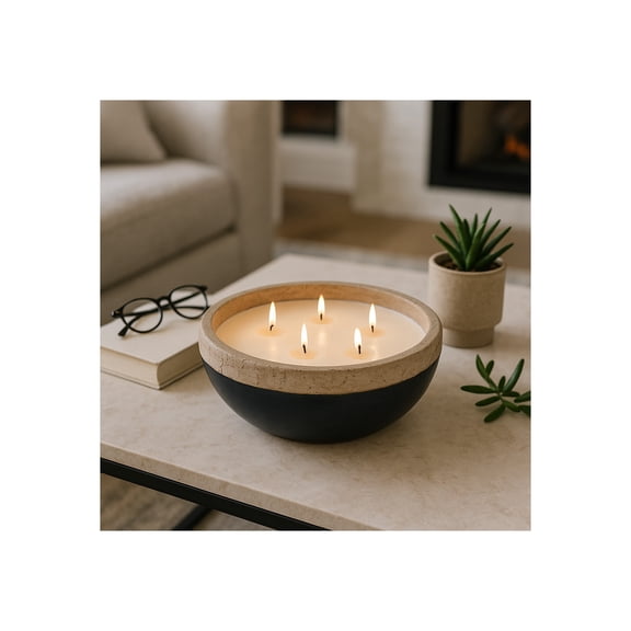 Decorative Two Tone Scented Candle Bowl for Men and Women - Large Votive Candle for Indoor and Outdoor Spaces - Stylish Home Decor Accent for Living Room, Bedroom, and Bathroom - 5", Ivory & Blue
