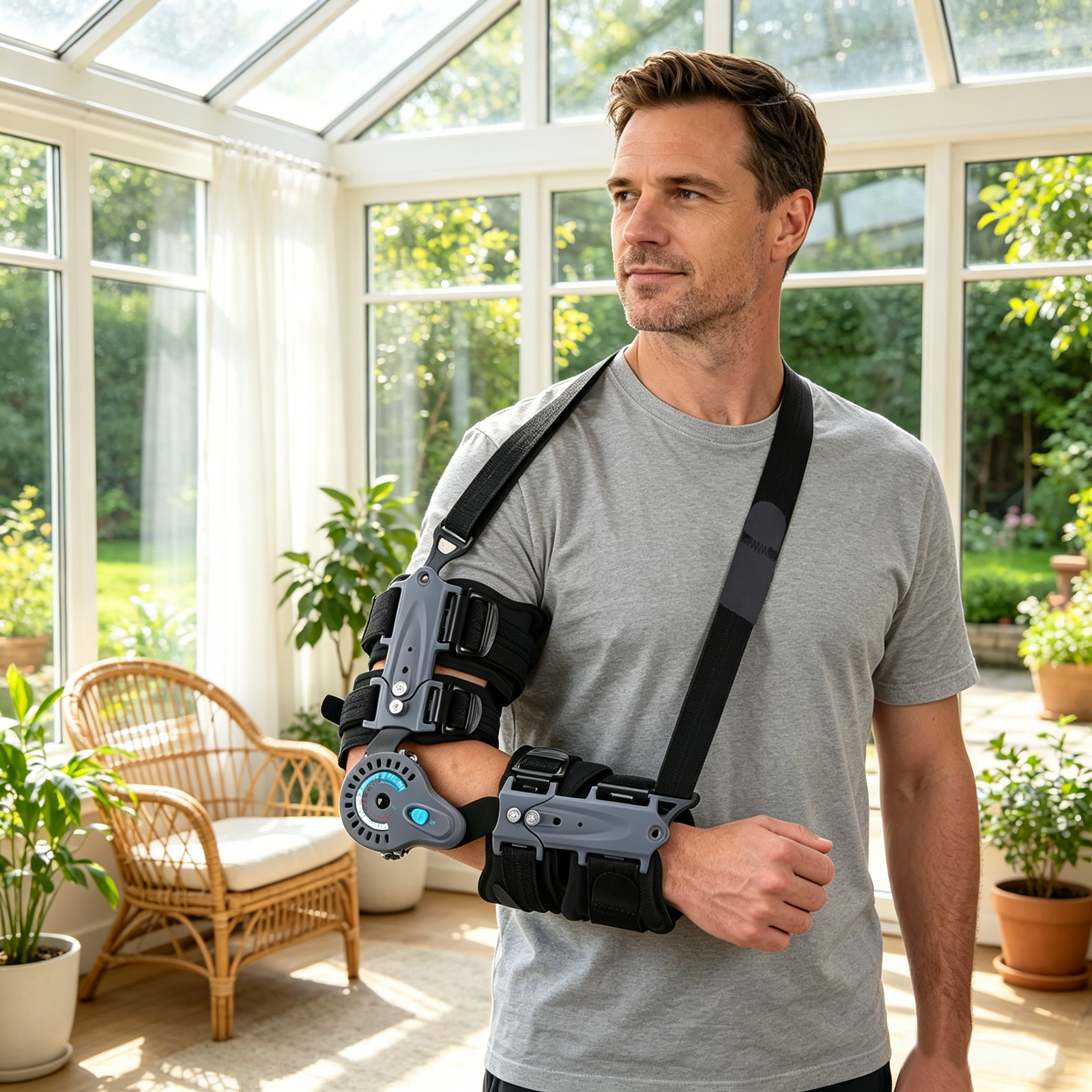 Komzer Hinged Elbow Brace, Adjustable ROM Post-Op Stabilizer with Sling for Arm Injury Recovery (Right)
