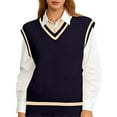 thumbnail image 2 of Women's Casual V-Neck Pullover Shirt Collision Color Sleeveless Sweater Vest for Fall Winter Preppy Looks,Navy,M, 2 of 6