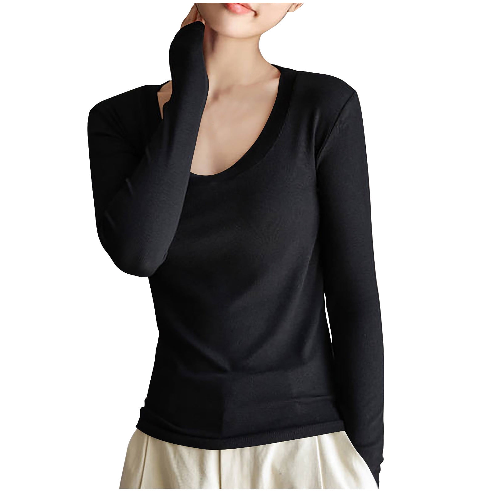 Timegard Hauts pour Femmes Col Rond Manches Longues sous-Vêtement Confortable Couleur Unie T-Shirt Automne Décontracté Ajusté