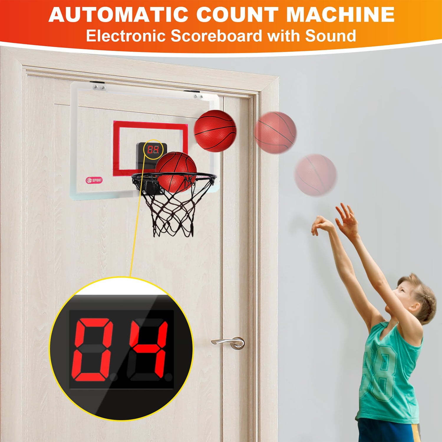 JBeeCtrl Indoor Basketball Hoop for Kids Mini Hoop over the Door with Electronic Scoreboard Wall Mounted Basketball Hoops for Kids Basketball Toy Gifts for Kids