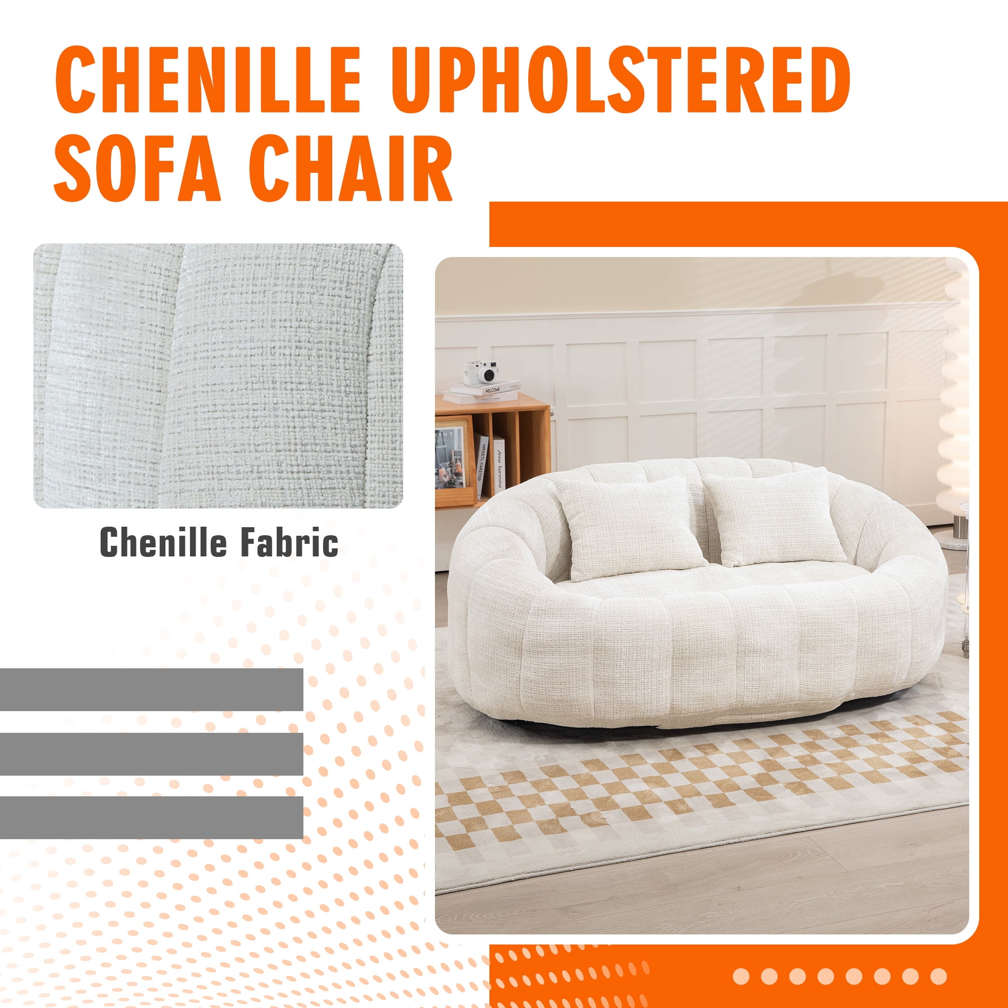 59''W Chenille Loveseat Sofa Small Couch Oversized Bean Bag Chair, Modern Lounge Loveseat Sofa with 2 Pillows,Bean Bag Couch Floor Lazy Sofa for Living Room Bedroom Apartment (Beige)