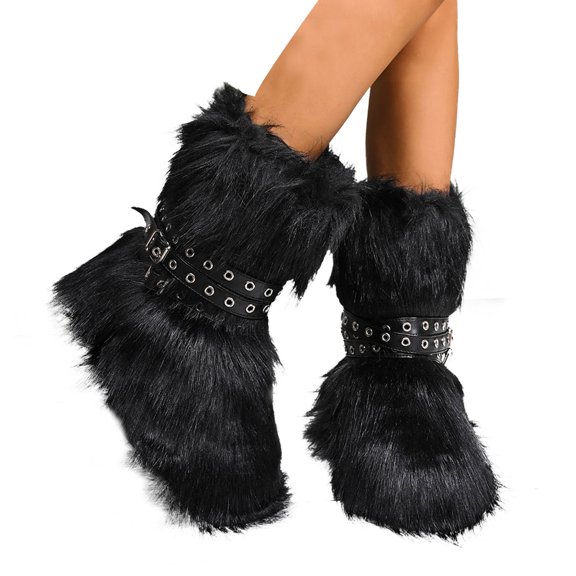 Rokment Womens Fuzzy Faux-Fur Mid Calf Winter Snow Boots with No Heel Fashion Punk Buckles Strappy Furry Plush Short Dress Booties Black Size 5.5