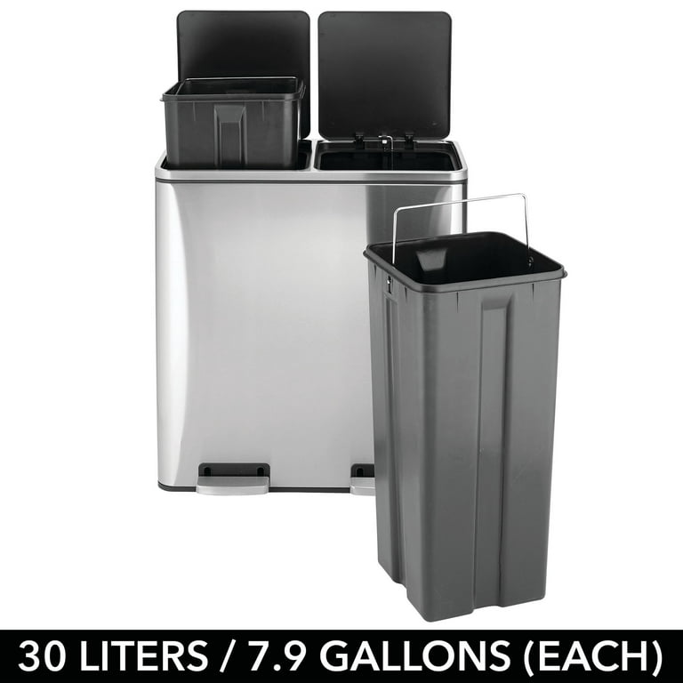mDesign Metal Steel 60L Large Dual Compartment Step Trash Can - Brushed  Chrome