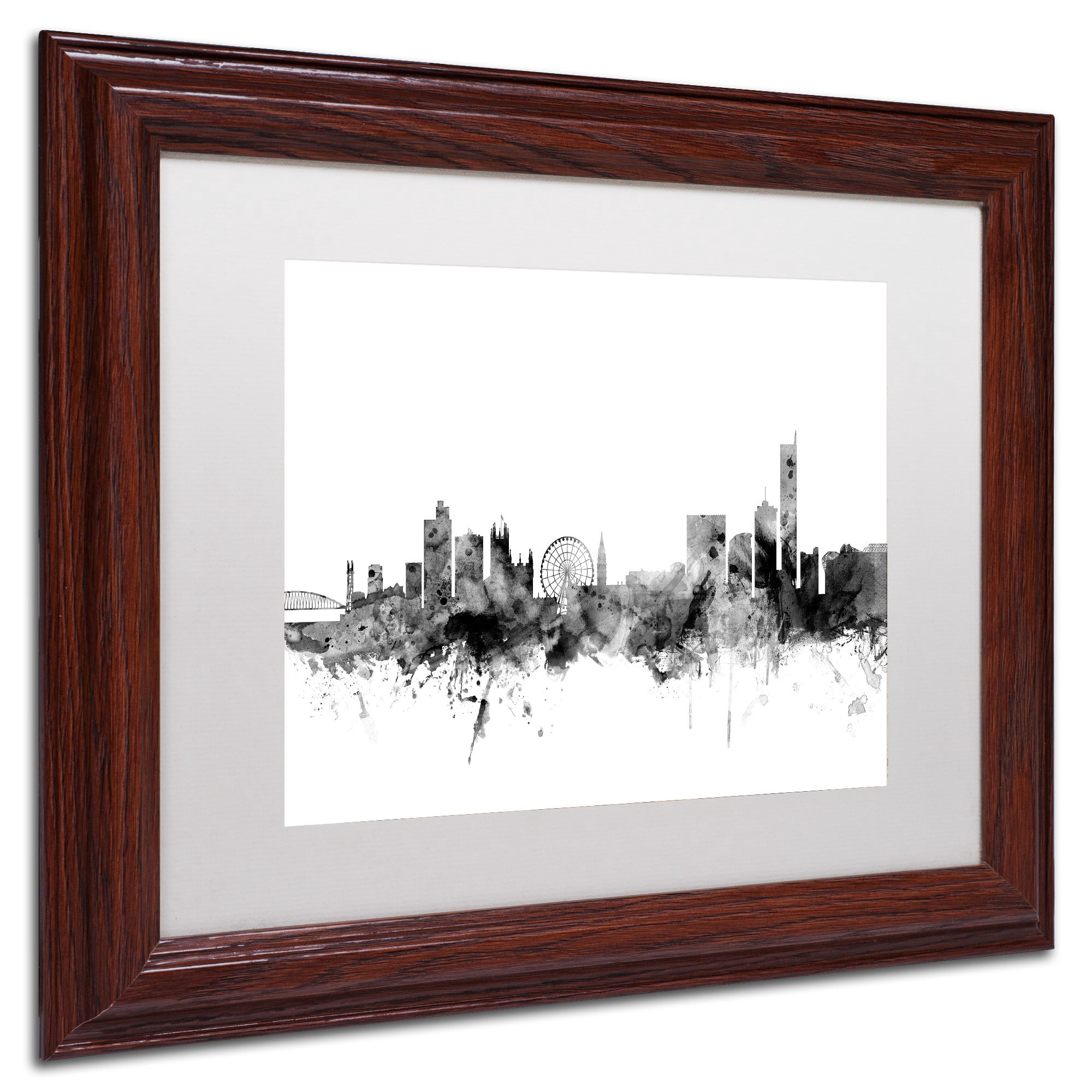 Trademark Fine Art "Manchester England Skyline B&W" Canvas Art by Michael Tompsett, White Matte, Wood Frame