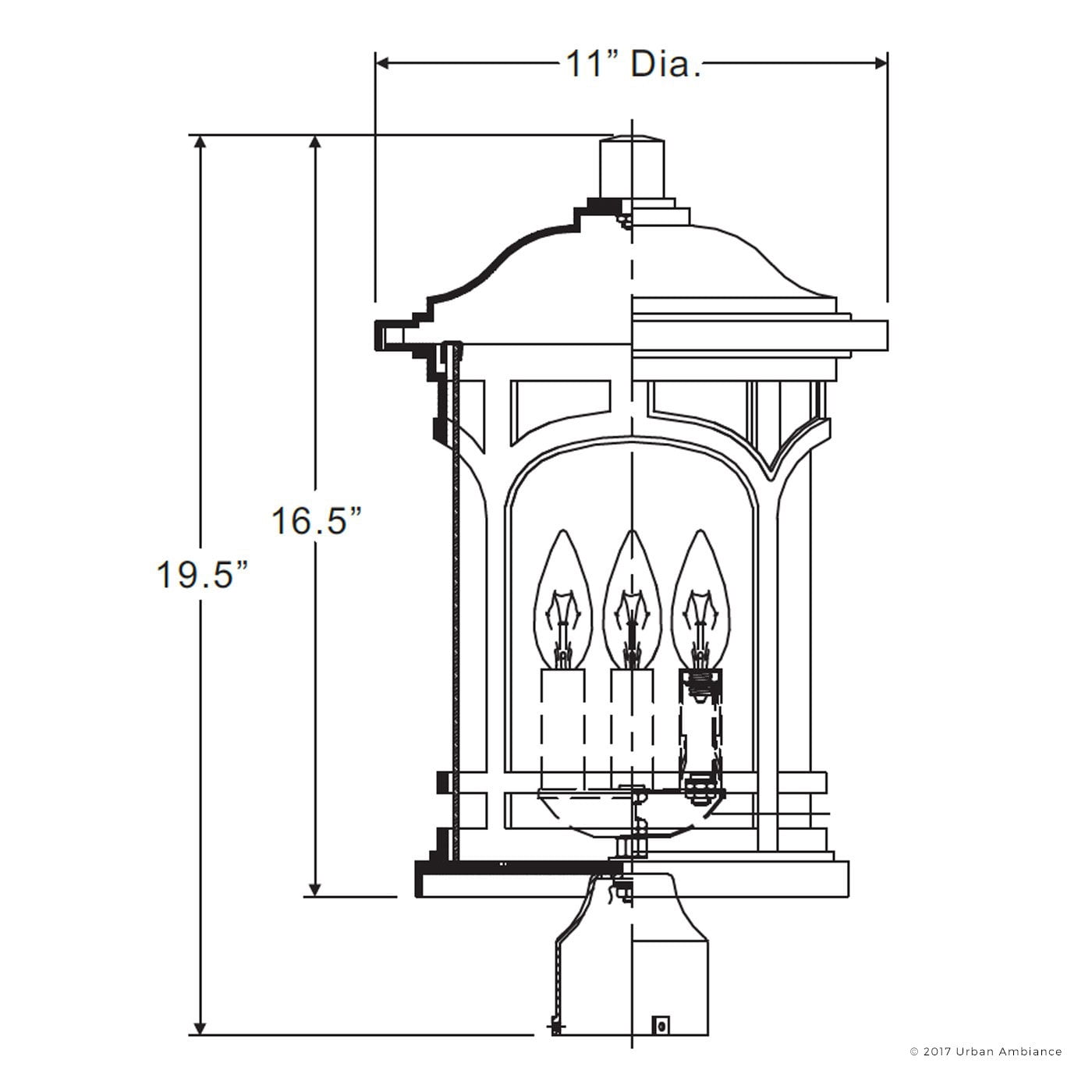 Urban Ambiance Luxury Rustic Outdoor Post Light, Medium Size: 19"H x 11"W, with Colonial Style Elements, Wrought Iron Design, Oil Rubbed Parisian Bronze Finish and Seeded Glass, UQL1107