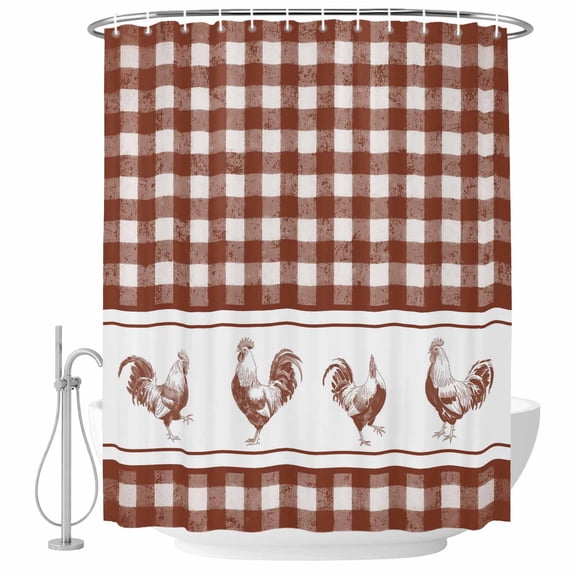 Farmhouse Orange Plaid Shower Curtain, Waterproof Shower Curtains for Bathroom, Vintage Country Cock Checkered Washable Fabric Bathtub Curtain Set Bath Decor with 12 Hooks 72"x78"