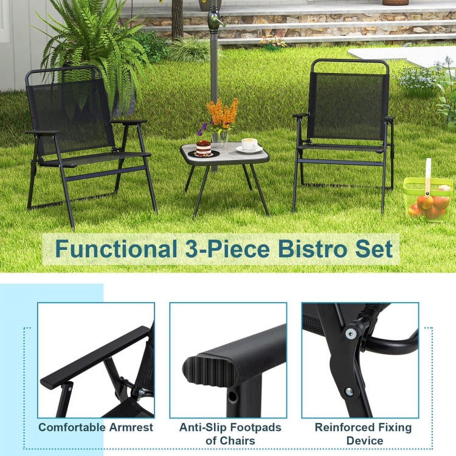 Aimee Lii 3 Pieces Patio Folding Conversation Chairs and Table, Patio Sectional Furniture Set, Black Aimee Lii 3 Pieces Patio Folding Conversation Chairs and Table, Patio Sectional Furniture Set, Black