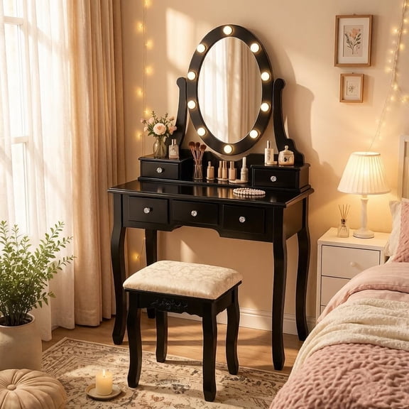 Elliptical LED Lighted Vanity Desk Set with 5 Storage Drawers, Removable Mirror & Cushioned Stool, Multi-Functional Bedroom Dressing Table,Black